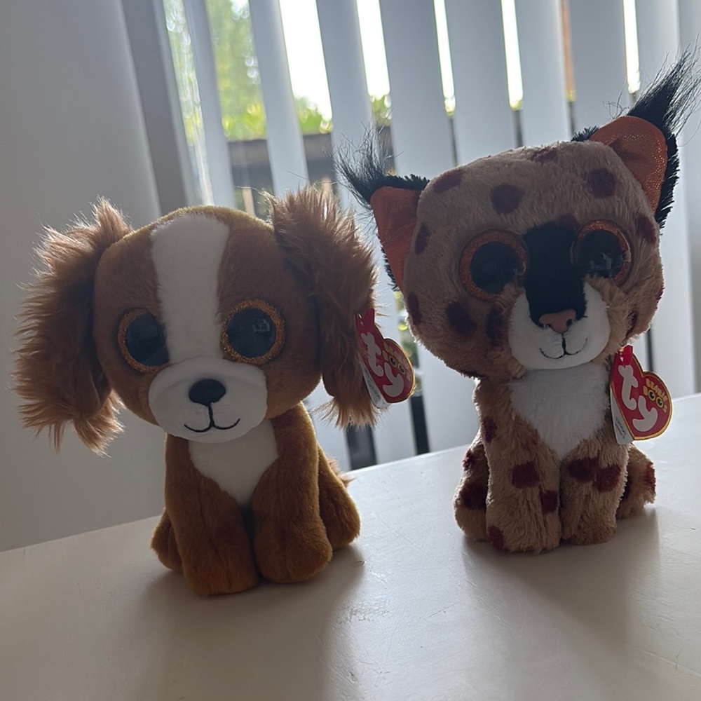 Ty Plush Pair: Brown Dog and Spotted Cheetah